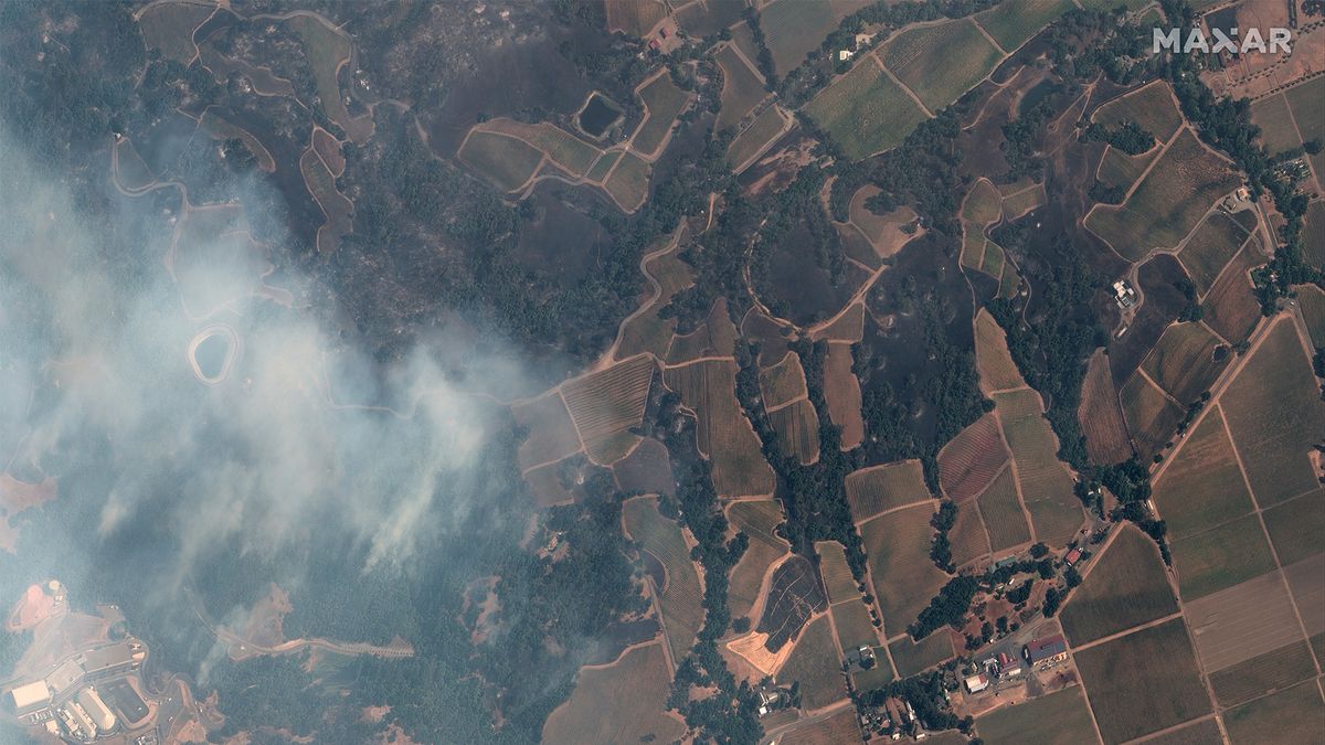 A natural-color image of smoke billowing near Sonoma vineyards on Oct. 24, 2019.