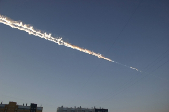 On Feb. 15, 2013, a small asteroid exploded over the city of Chelyabinsk, Russia. This image shows the fireball created as the asteroid streaked across the sky.