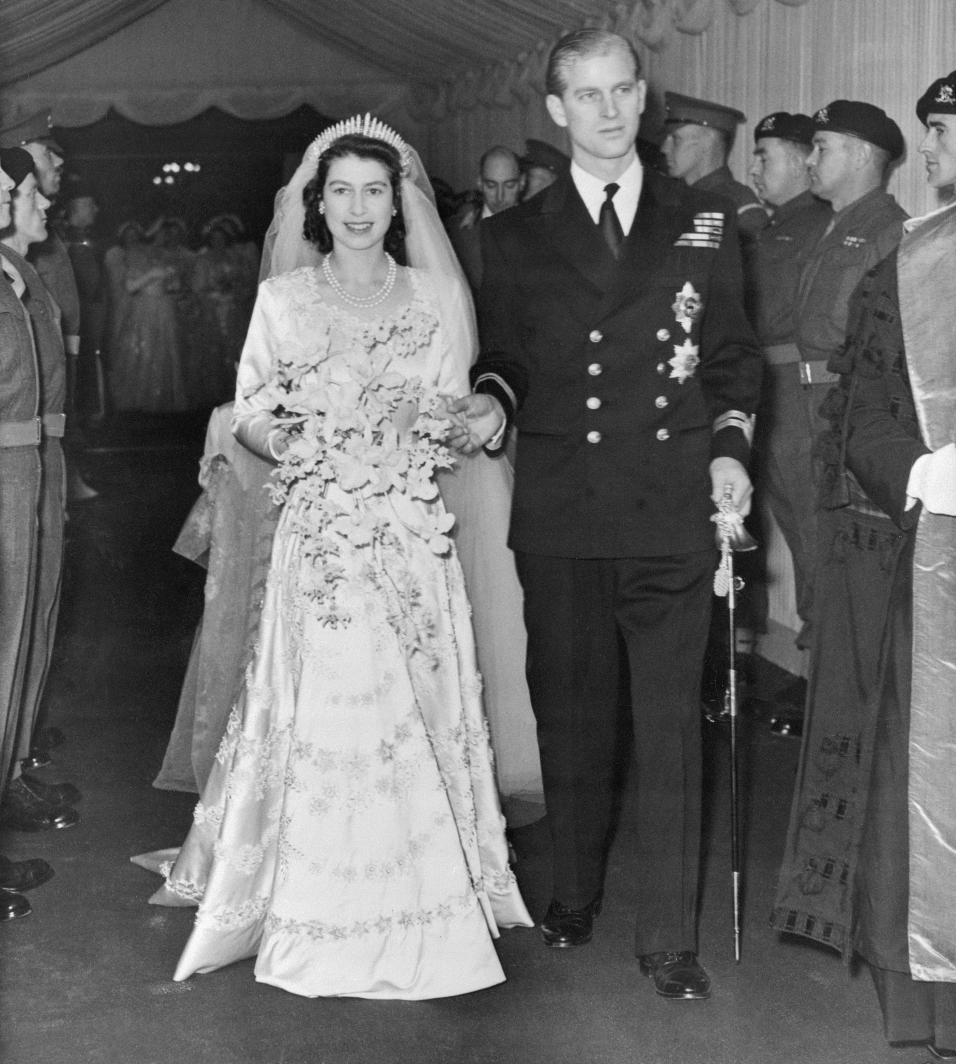 Princess Elizabeth and Prince Philip just married walking down the aisle of Westminster Abbey, London, UK, 21st November 1947. (Photo by Bettmann/Getty Images)