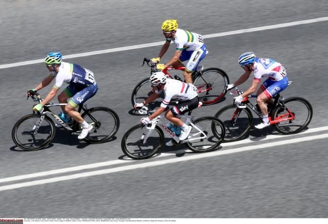 The four man breakaway of Michael Hepburn (Orica-GreenEdge), Peter Kennaugh (Team Sky), Jack Bobrdige (UniSA) and Cedric Pineau (FDJ)