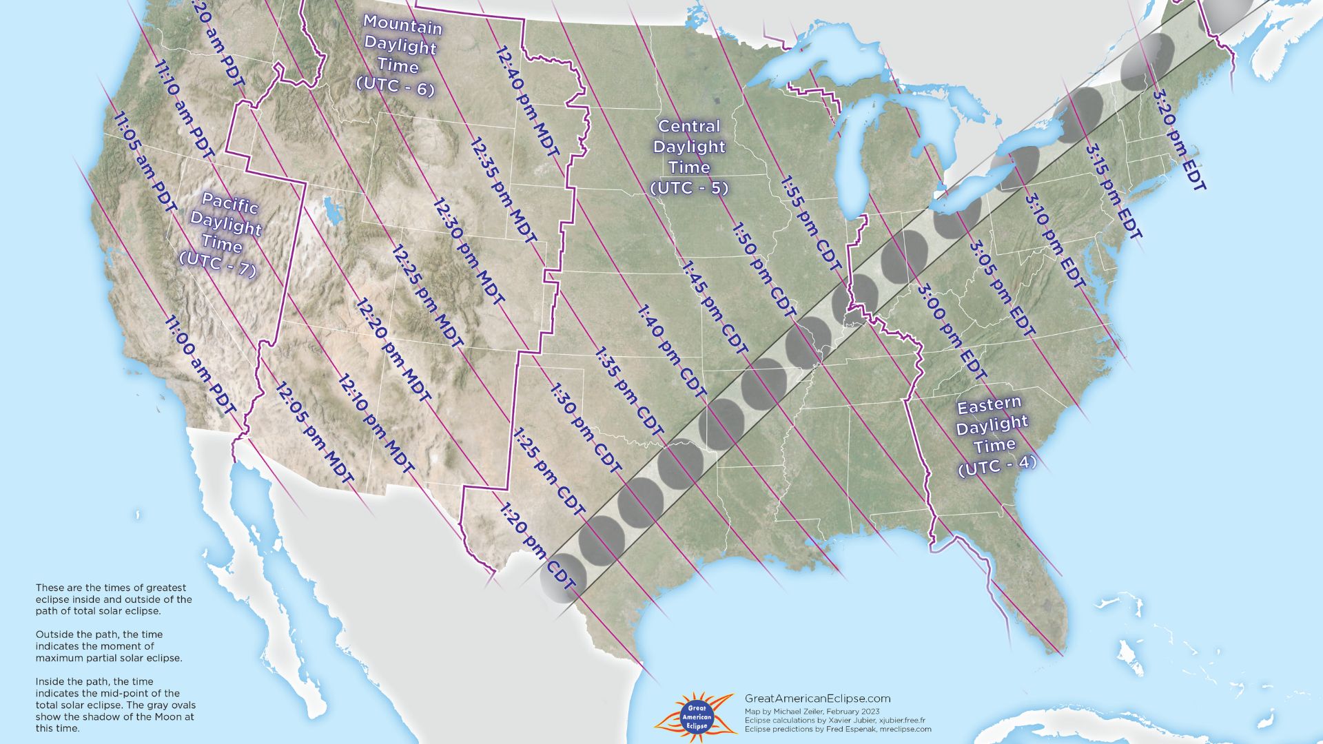 map of northern US showing the path of the total solar eclipse and the times at which totality occurs.