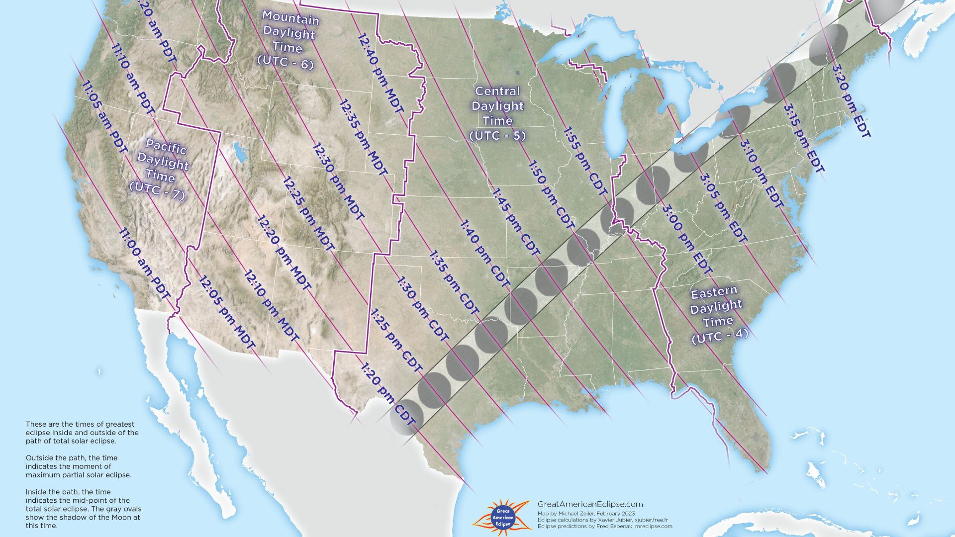 carte du nord des États-Unis montrant la trajectoire de l’éclipse solaire totale et les moments auxquels la totalité se produit.