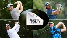 Rory McIlroy, Tommy Fleetwood, Shane Lowry, Viktor Hovland and a white DP World Tour flag blowing in the wind