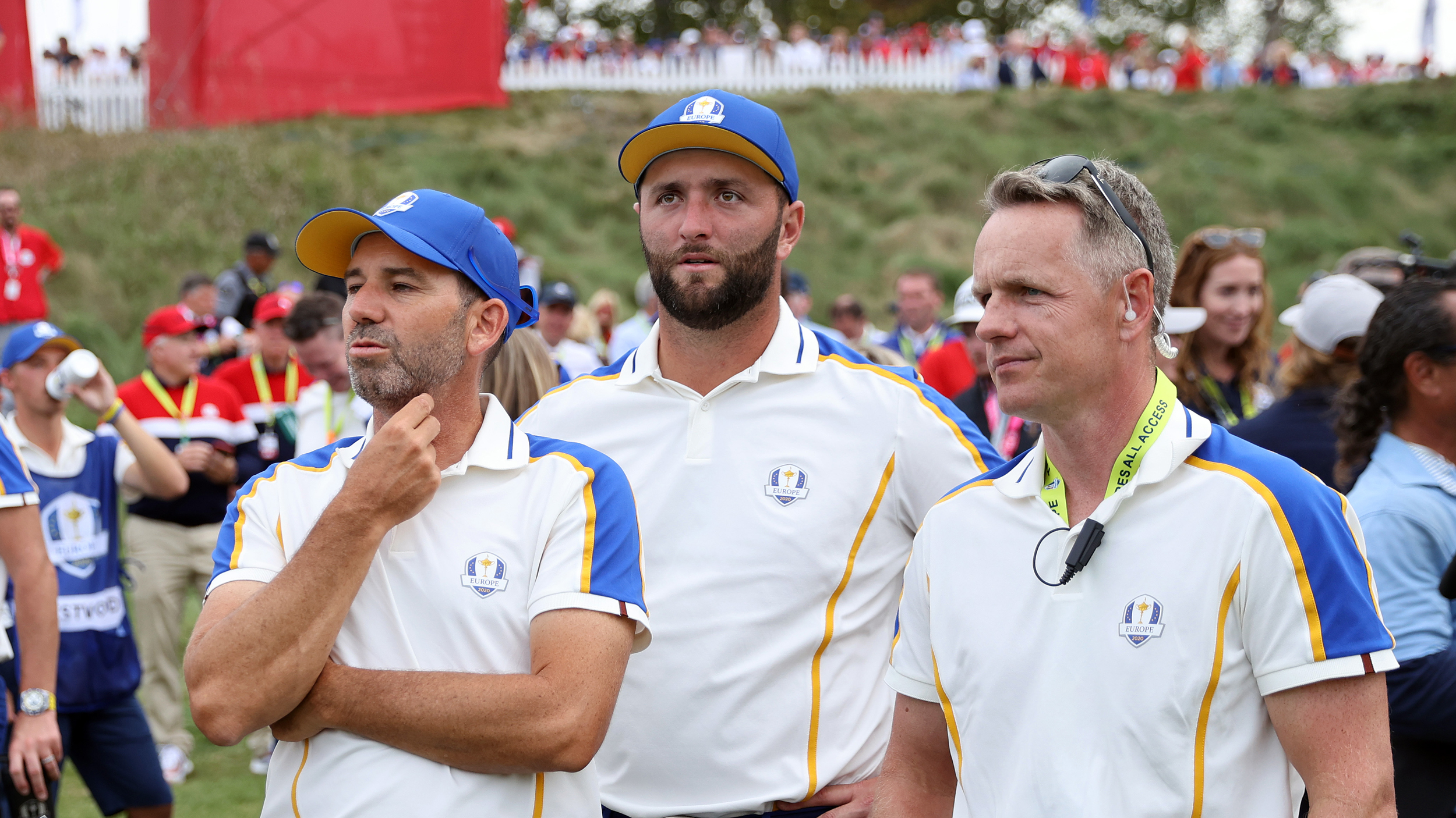 (L to R) Sergio Garcia, Jon Rahm and Luke Donald look on at the 2021 Ryder Cup at Whistling Straits