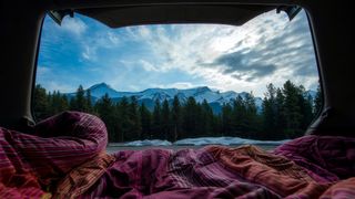 Camping blanket with a mountain view 