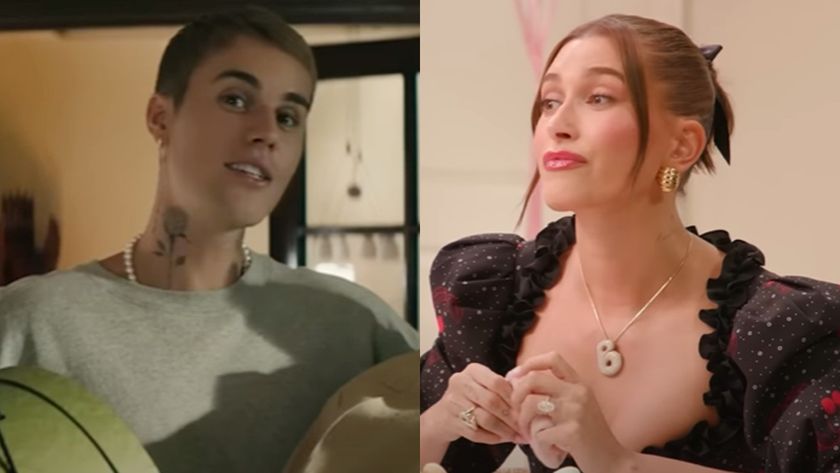 From left to right: Justin Bieber looking forward and almost smiling in the Ghost music video and Hailey Bieber looking forward with her chin up in an interview on her YouTube channel.