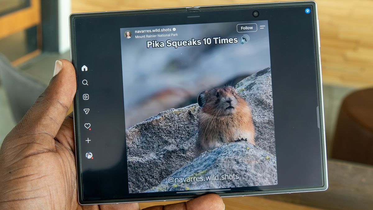 An Instagram Reel playing horizontally on the Galaxy Z Fold 8 internal folding display