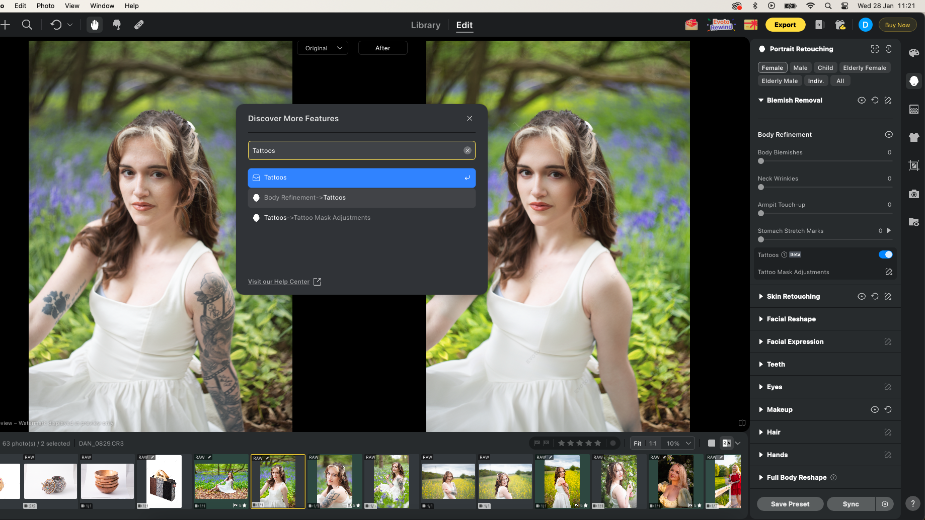 A screengrab from Evoto Desktop showing the search function with &amp;quot;tattoo&amp;quot; entered into the search bar and the 'beta' Tattoo removal function enabled in the side panel on the right. There's a before and after image in the interface of a woman with tattoos on her arms and in the after image they've been removed.
