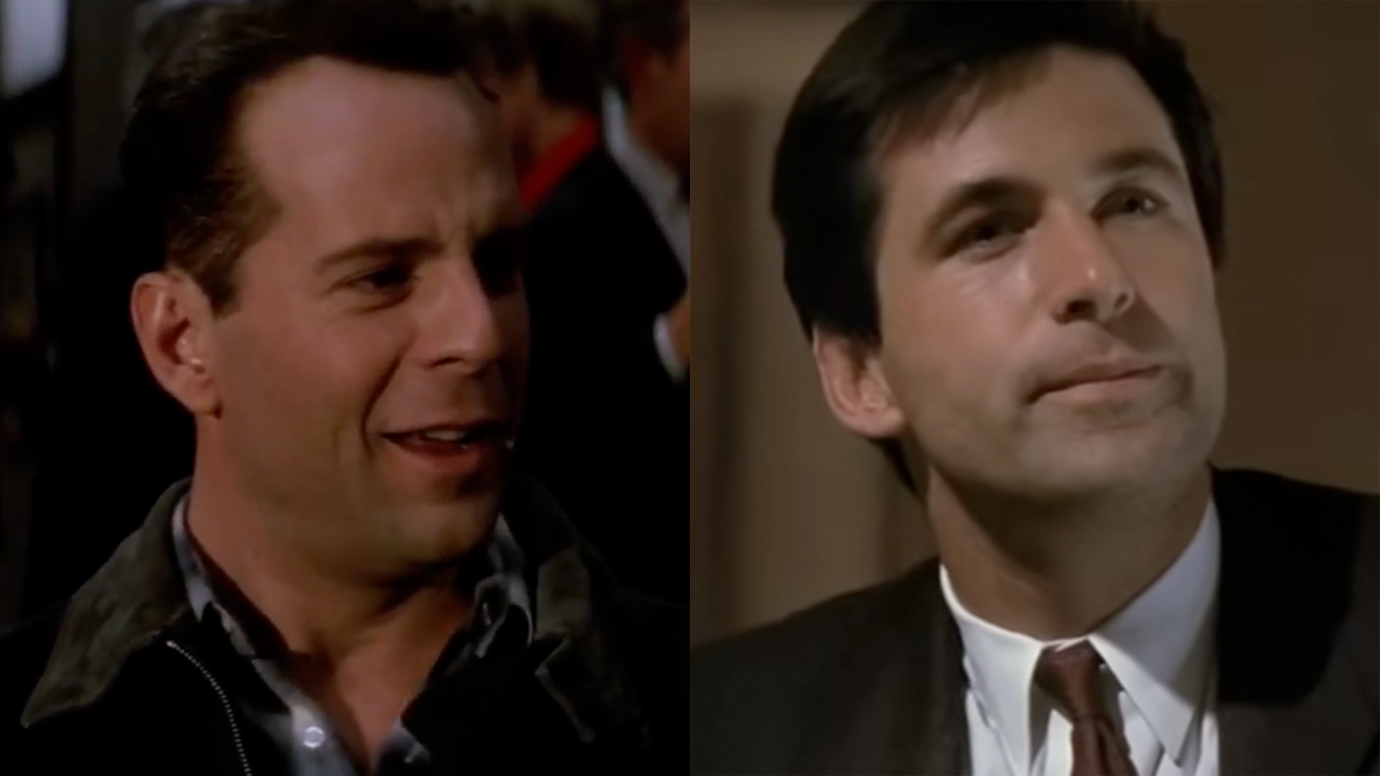 Side by side photos, a close up of Bruce Willis on the left and a close up of Alec Baldwin on the right. 