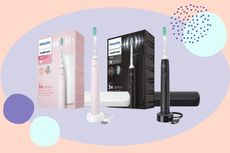 a collage showing Philips electric toothbrushes on a pink background