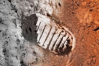 Artist's concept of a boot print on the moon and on Mars.