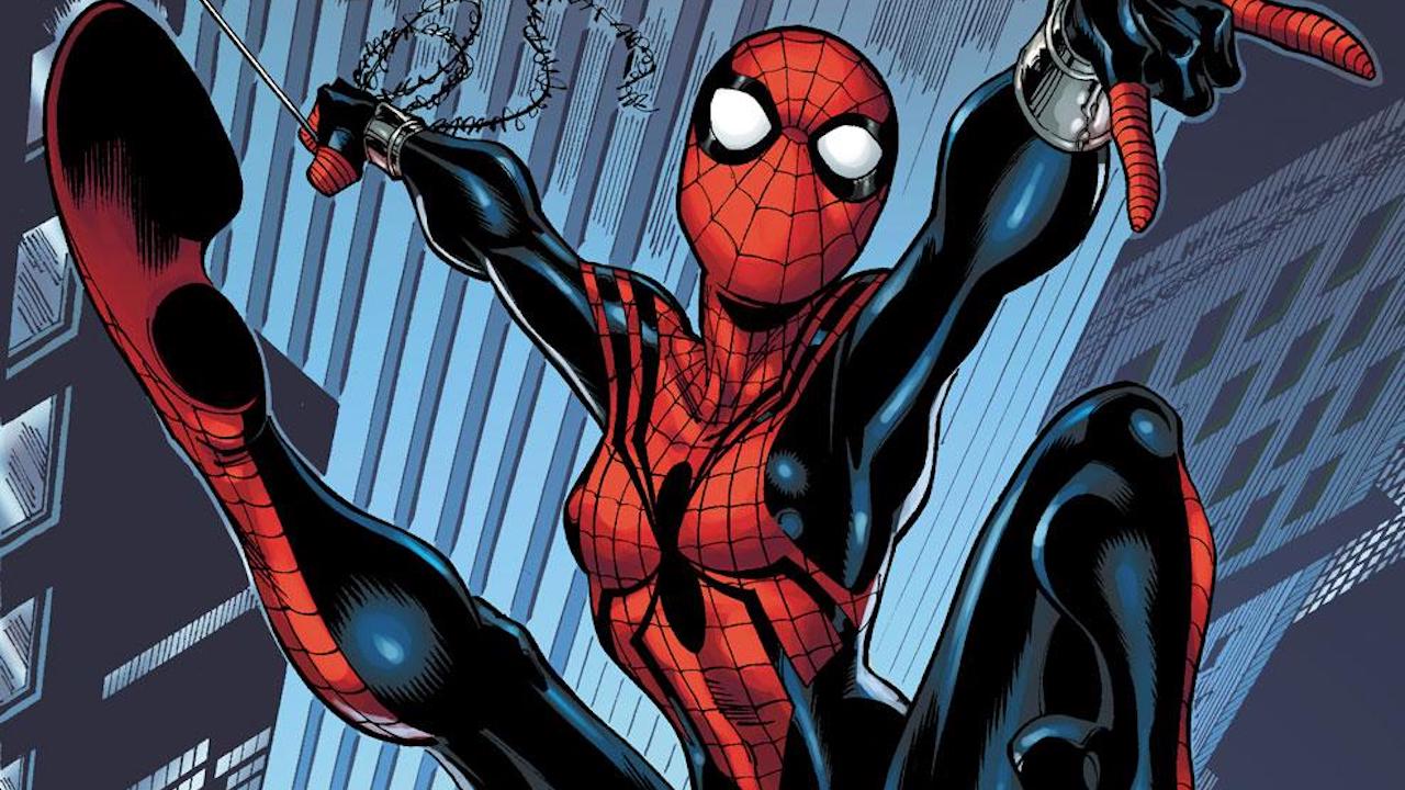 Spider-Girl web-swinging through the city
