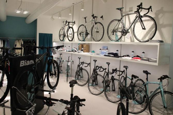 Bianchi bikes hang on the walls