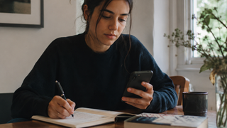 Image of woman on phone with journal