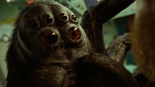 An extremely close up shot of Hanus the alien spider in Netflix's Spaceman film