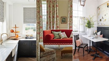 window treatment trends that interior designers swear by, black and white kitchen, colorful living room, cozy dining nook