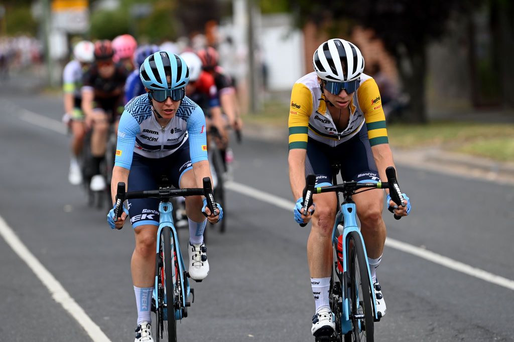 GEELONG AUSTRALIA JANUARY 28 LR Amanda Spratt of Australia and Brodie Chapman of Australia and Team Trek Segafredo compete in the breakaway during the 7th Cadel Evans Great Ocean Road Race 2023 Womens Elite a 1408km one day race from Geelong to Geelong CadelRoadRace UCIWWT on January 28 2023 in Geelong Australia Photo by Tim de WaeleGetty Images