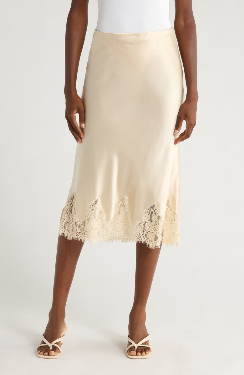 Lace Trim Silk Midi Skirt