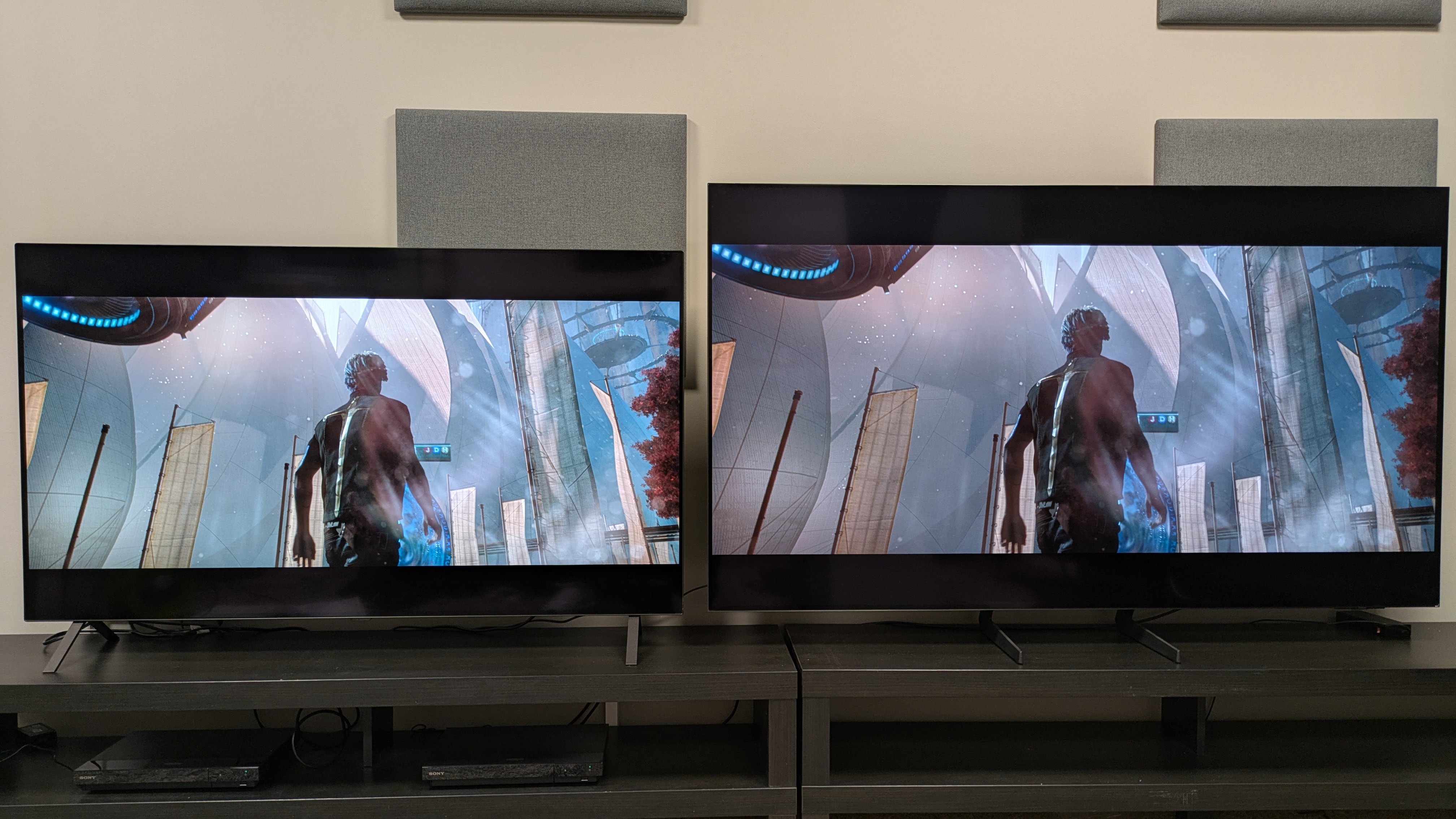 LG B5 in Dolby Vision picture mode and Samsung S85F in HDR10 picture mode showing Parzival from Ready Player One