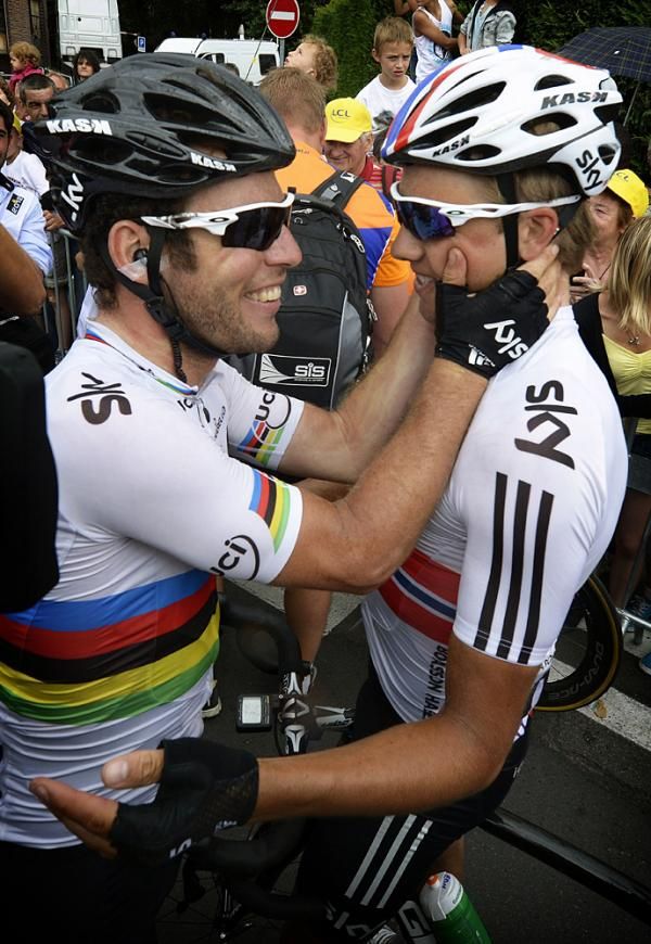 Cavendish celebrates his stage win with Edvald Boasson Hagen