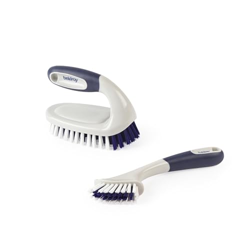 Beldray Grout &amp;amp; Scrub Brush Set - Stiff Bristles With Integrated Scraper, Non-Slip Rubber Handles, Large Scrubbing Brush for Tiles/bathrooms, Slim Grout Scraper, Kitchen Cleaning, Stovetops