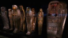 Mummy coffins on display in part in the permanent Egyptian collection and also part of the 'Queens of the Nile' Exhibition held at the National Museum of Antiquities or Rijksmuseum van Oudheden on November 30, 2016 in Leiden, Netherlands. With 350 prized Egyptian pieces, including royal portraits, statues of deities, sophisticated jewellery, amulets and precious utensils, plus the sarcophagus and grave goods of Queen Nefertari, from the Museo Egizio in Turin. This is the first time that such a large exhibition on the queens of Egypt has been organised in the Netherlands.