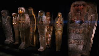 Mummy coffins on display in part in the permanent Egyptian collection and also part of the 'Queens of the Nile' Exhibition held at the National Museum of Antiquities or Rijksmuseum van Oudheden on November 30, 2016 in Leiden, Netherlands. With 350 prized Egyptian pieces, including royal portraits, statues of deities, sophisticated jewellery, amulets and precious utensils, plus the sarcophagus and grave goods of Queen Nefertari, from the Museo Egizio in Turin. This is the first time that such a large exhibition on the queens of Egypt has been organised in the Netherlands.