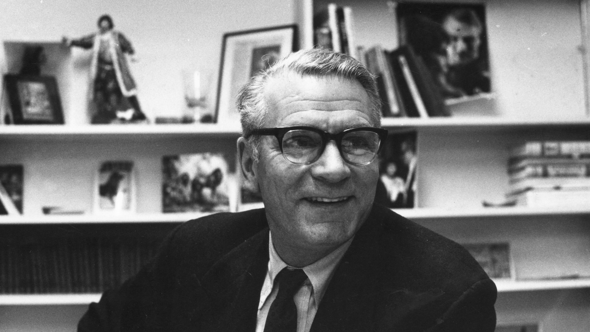  Photo of Laurence Olivier, the director of the National Theatre and an accomplished actor, director and producer, in his office at the National Theatre, London