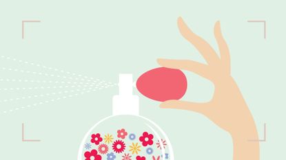 Illustration of a woman's hand spraying a perfume bottle with flowers to illustrate which perfume lasts longest 