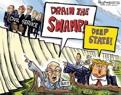 Political Cartoon U.S. Donald Trump Giuliani Drain The Swamp
