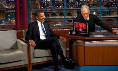 President Obama on "The Late Show with David Letterman": Democratic TV viewers tend to prefer Letterman, while Republicans watch Jay Leno, according to a new survey.