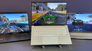 Intel Lunar Lake gaming demo, showing F1 on AMD, Intel, and Qualcomm laptops