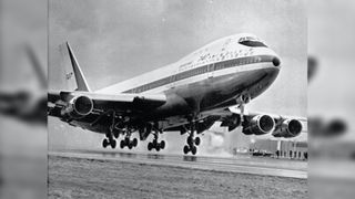 A 747 takes off on its maiden voyage.