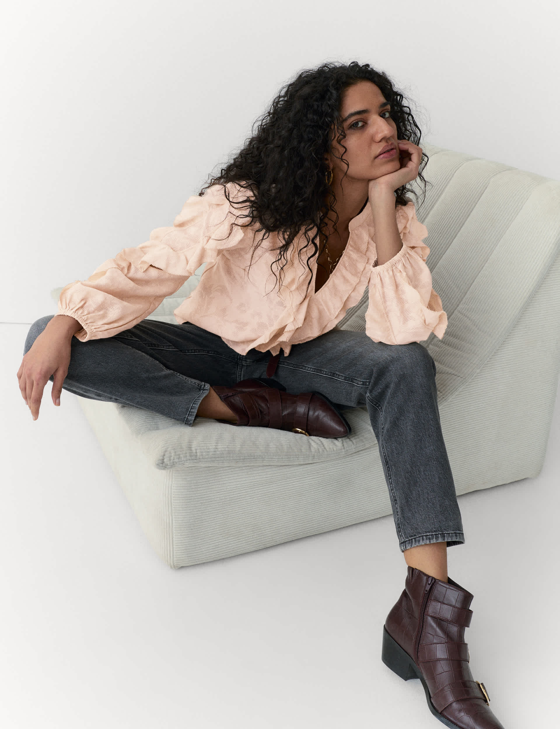 Floral Jacquard Ruffle Blouse