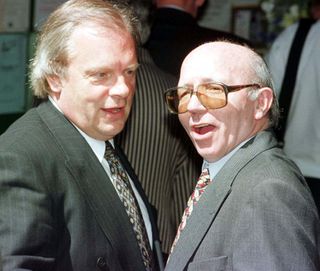 Gordon Taylor catches up with World Cup winner Nobby Stiles at a memorial service held for Sir Alf Ramsey in 1999