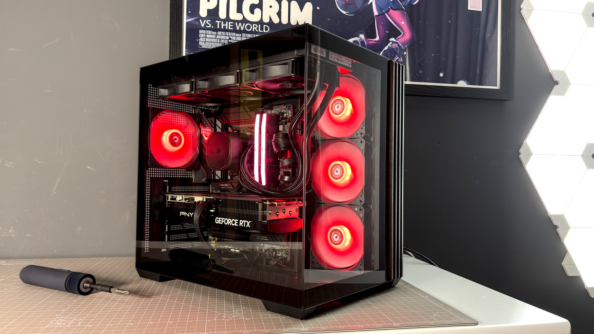 The Thermaltake View 380 WS ARGB on a desk with various components fitted.