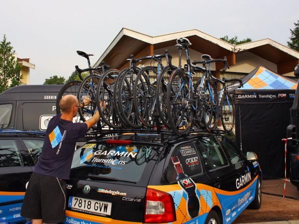 Spare bikes are always easily identified by their lack of race numbers.