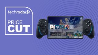Razer Kishi Ultra mobile gaming controller on purple background with TechRadar price cut sign and Genshin Impact on home screen