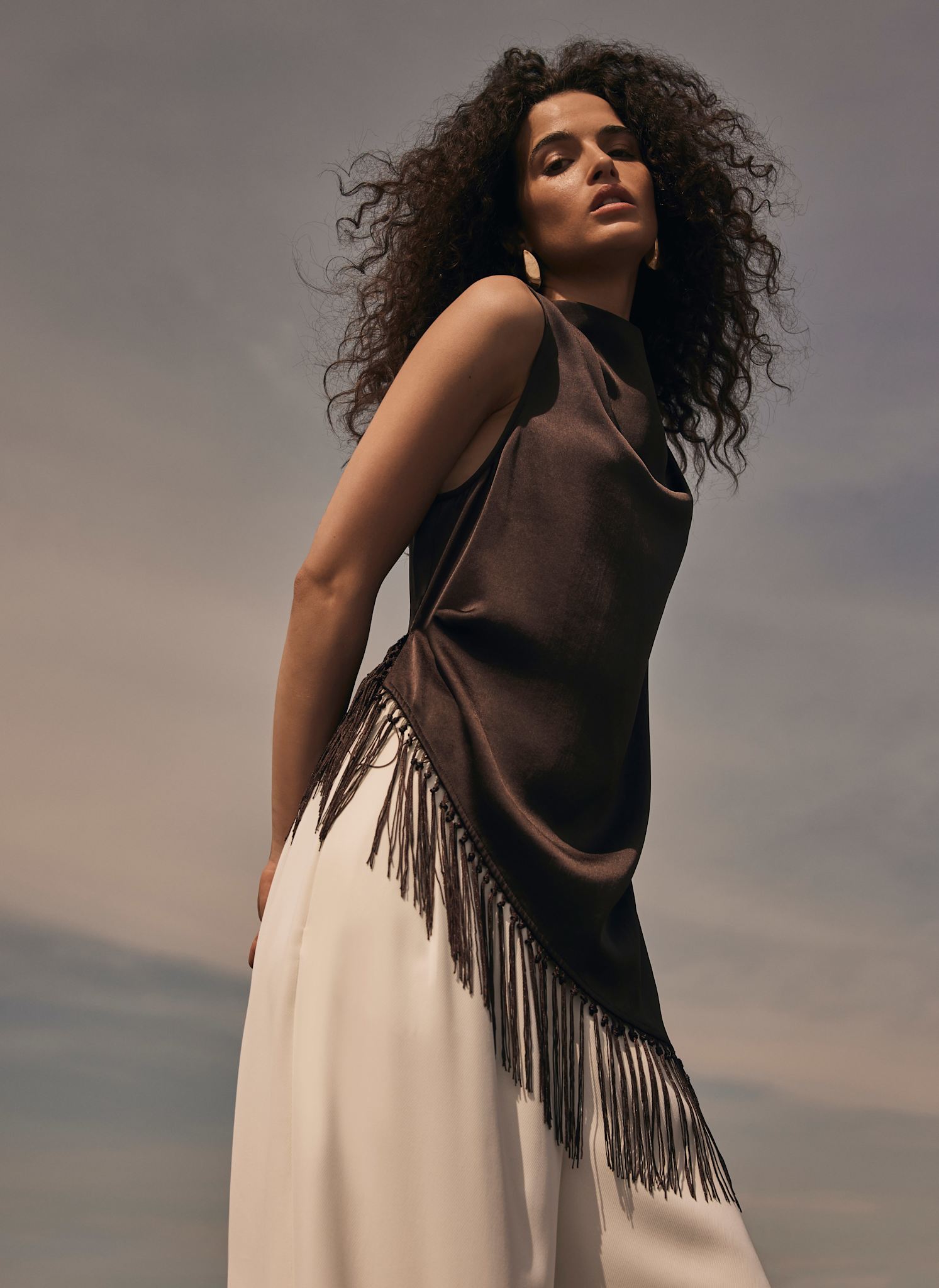 Brown Satin Tassle Top