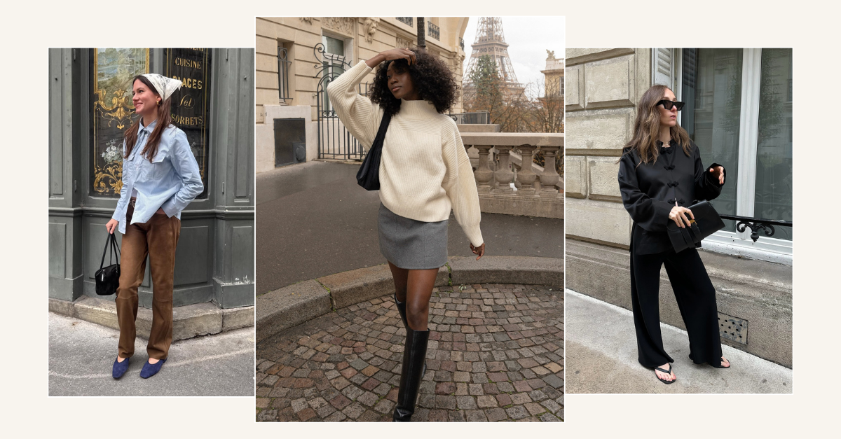 Three autumn outfits from French women, including a button-down and suede trousers outfit, a jumper and mini skirt outfit and a frog-fastening jacket and satin trousers outfit