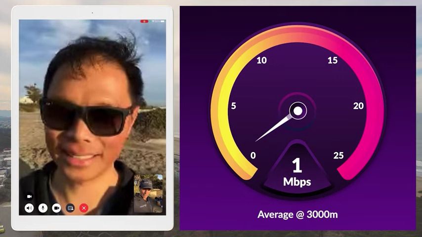 A still from a YouTube video showing a man on a video call 3,000m away from the source, with a graphic showing a 1 Mbps connection speed