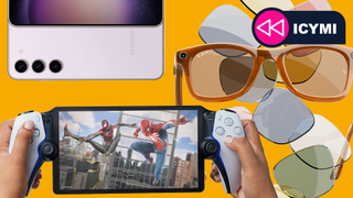 Ray-Ban Meta Smart Glasses, a Playstation Portal and a Samsung Galaxy S23 floating together on a yellow background