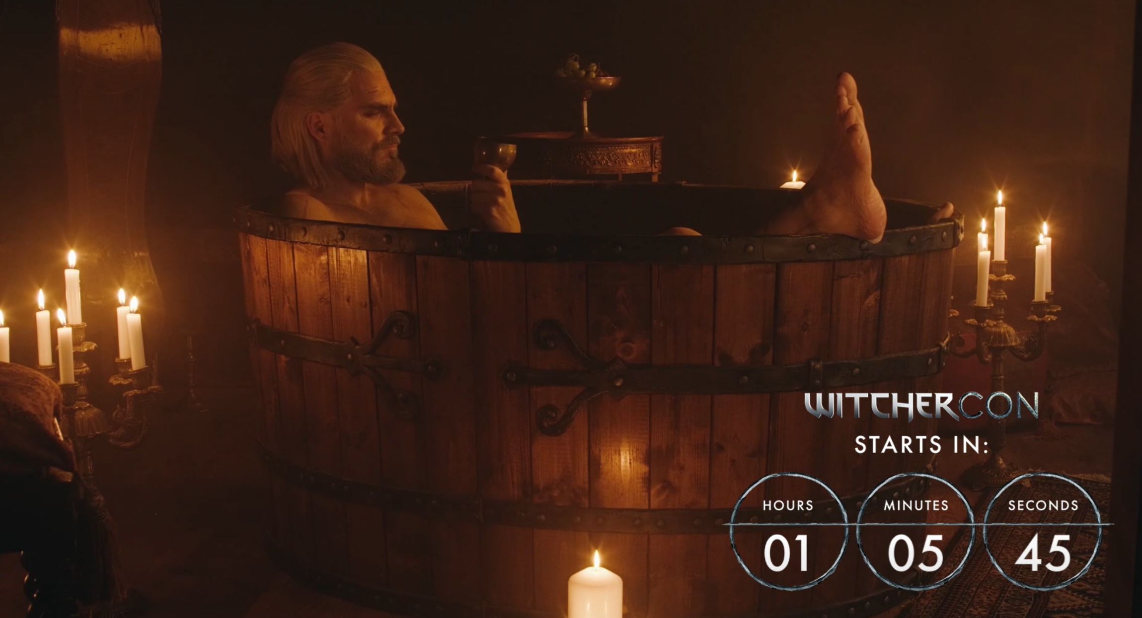 The official WitcherCon Geralt hot tub stream is incredibly chill.