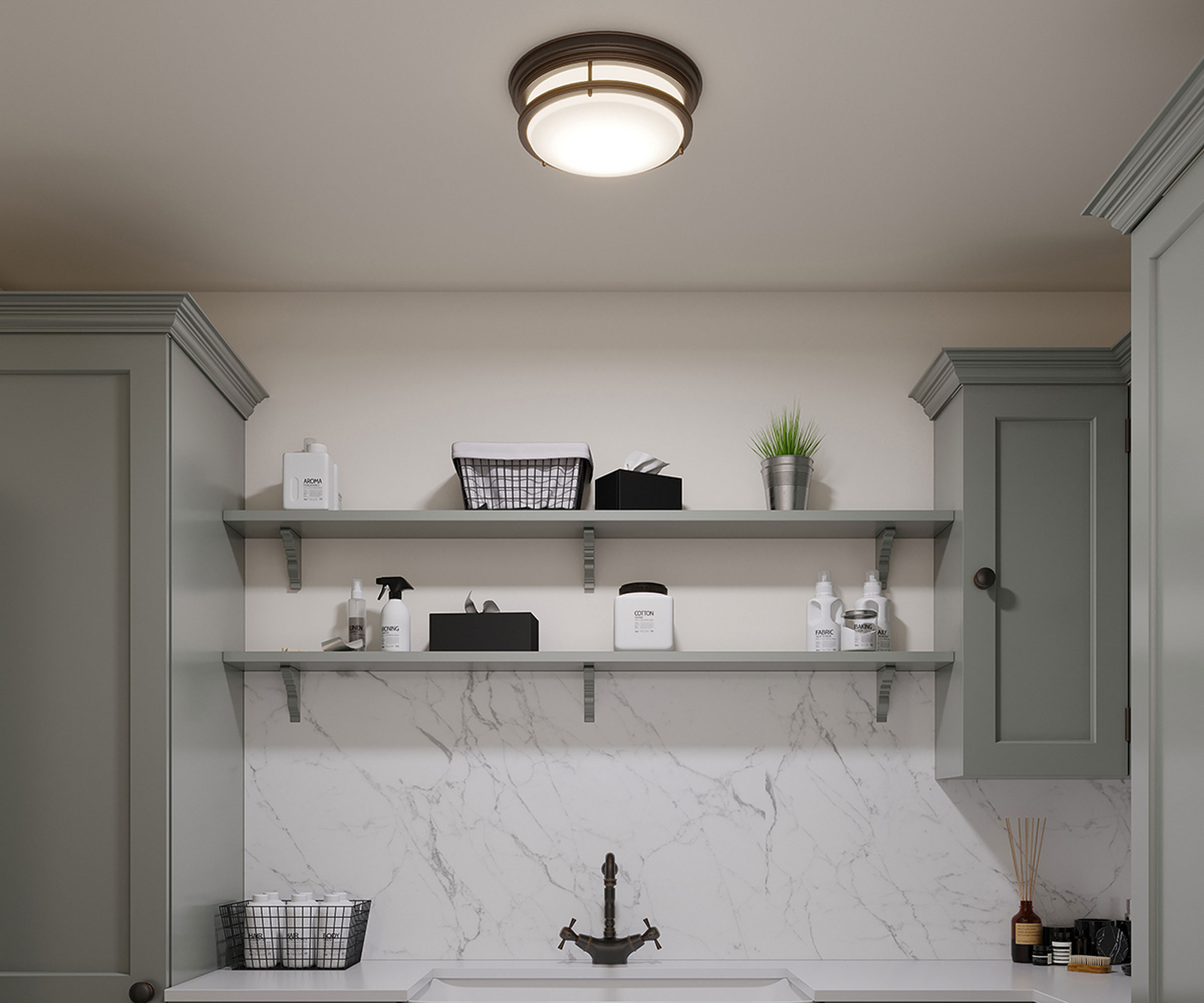 grey utility room with overhead lighting