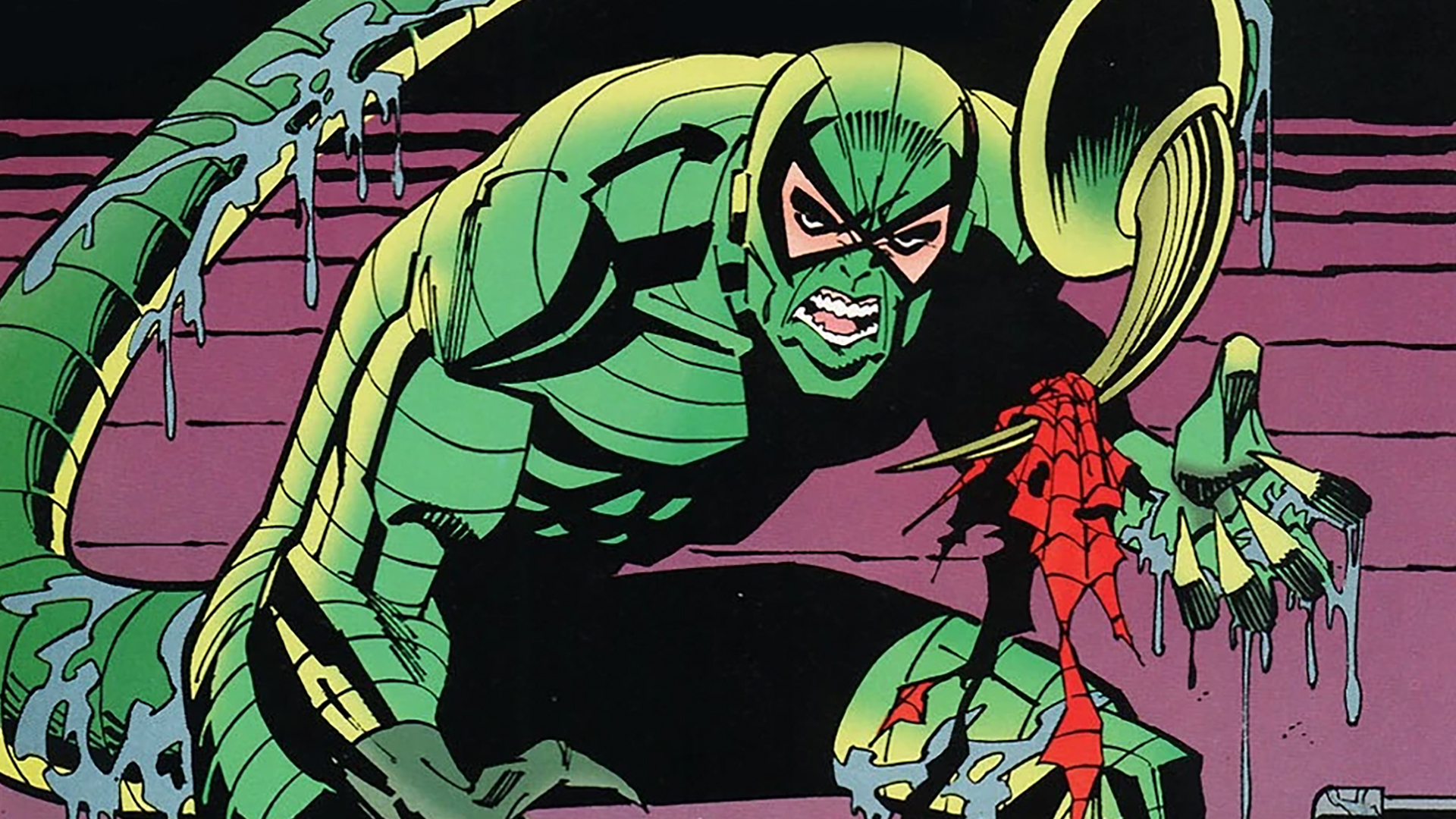 The Scorpion hanging a shredded piece of Spider-Man&#039;s costume on his tail stinger