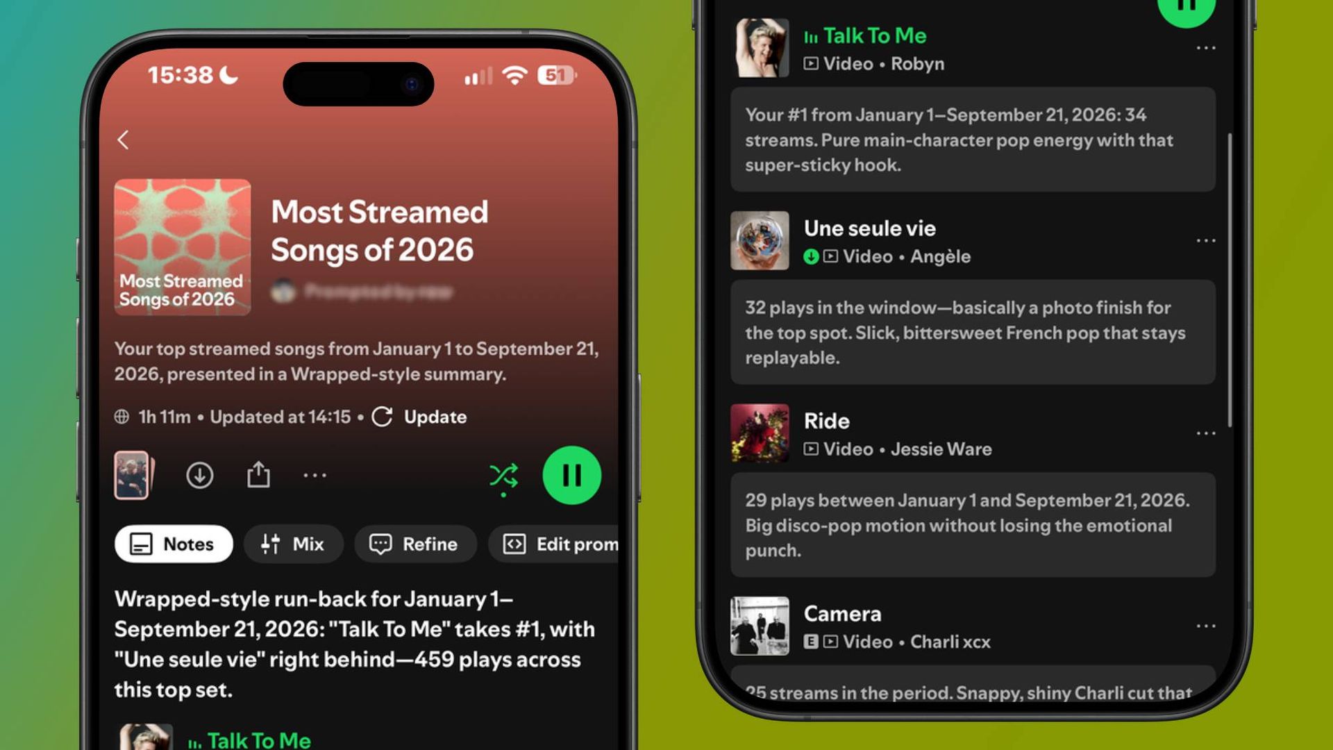 Two iPhones with a Prompted Playlist in the Spotify app