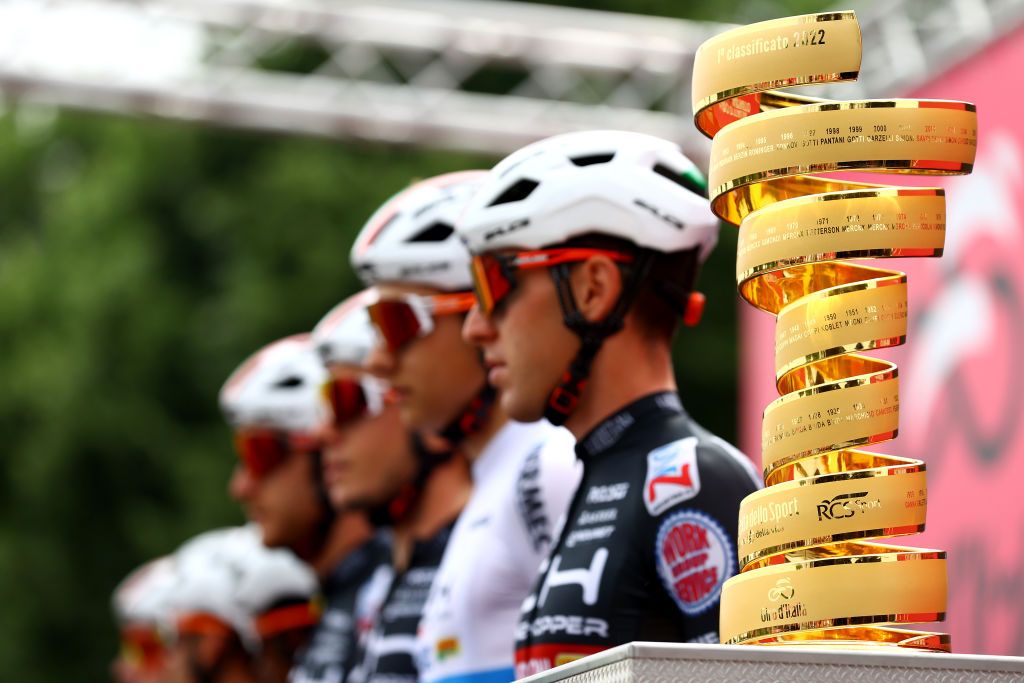 COGNE ITALY MAY 22 Detailed view of Trofeo Senza Fine during the team presentation prior to the 105th Giro dItalia 2022 Stage 15 a 177km stage from Rivarolo Canavese to Cogne 1622m Giro WorldTour on May 22 2022 in Cogne Italy Photo by Michael SteeleGetty Images
