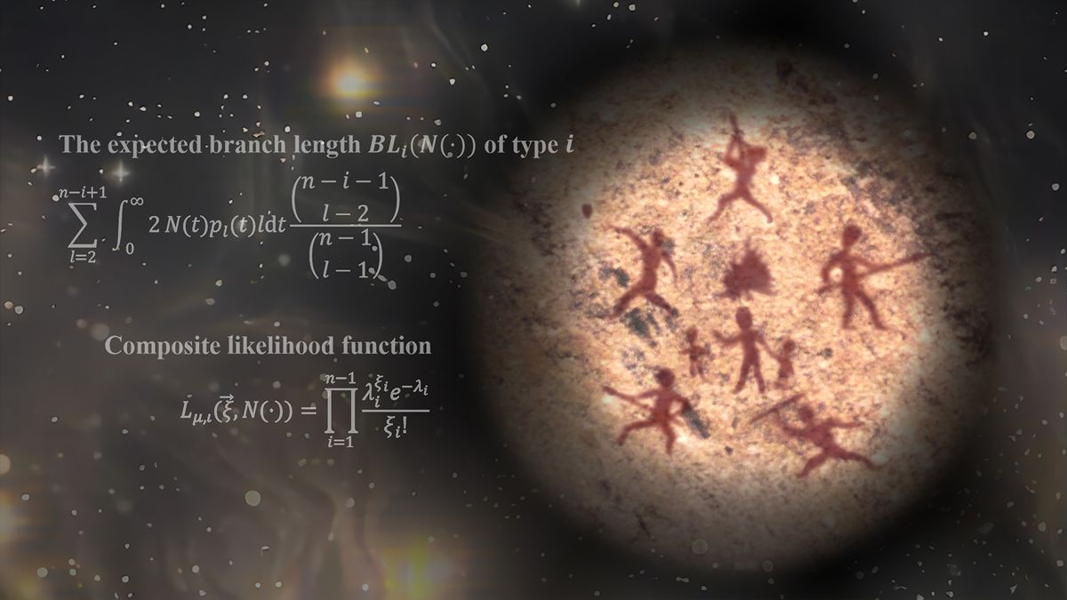 The image depicts a cliff painting, illustrating the population of human ancestor pull together to survive the unknown danger in the darkness during the ancient severe bottleneck.