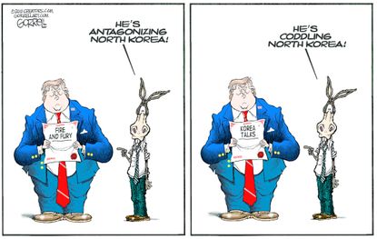 Political cartoon U.S. Democrats Trump policy North Korea