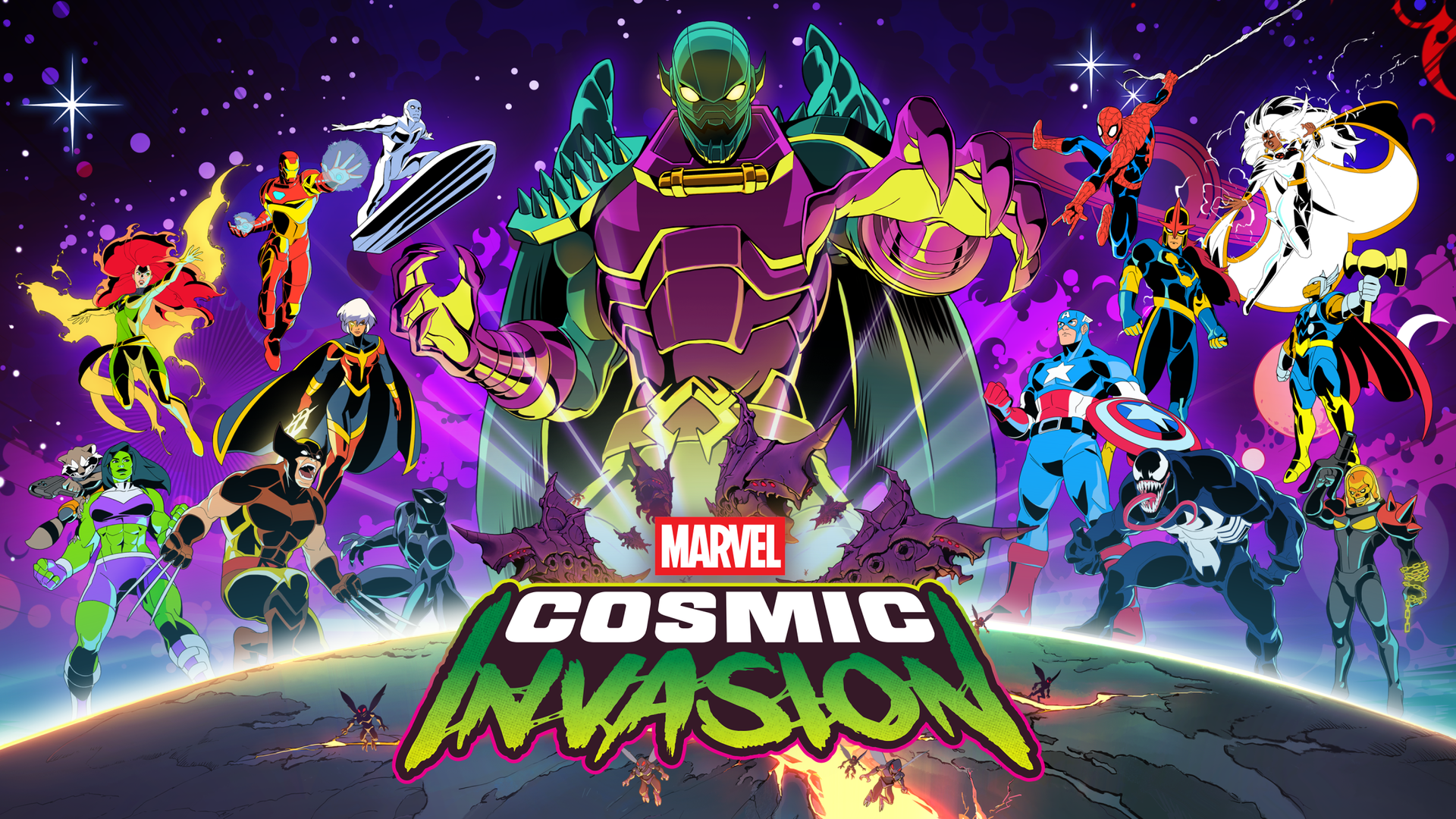 A series of screenshots from the Marvel Cosmic Invasion game, showing cartoon characters fighting. 